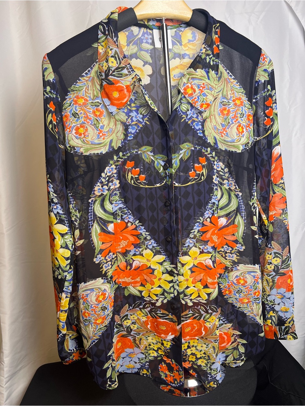 Cabi Amour Sheer Floral Button Down Blouse Top Navy Orange Size Small